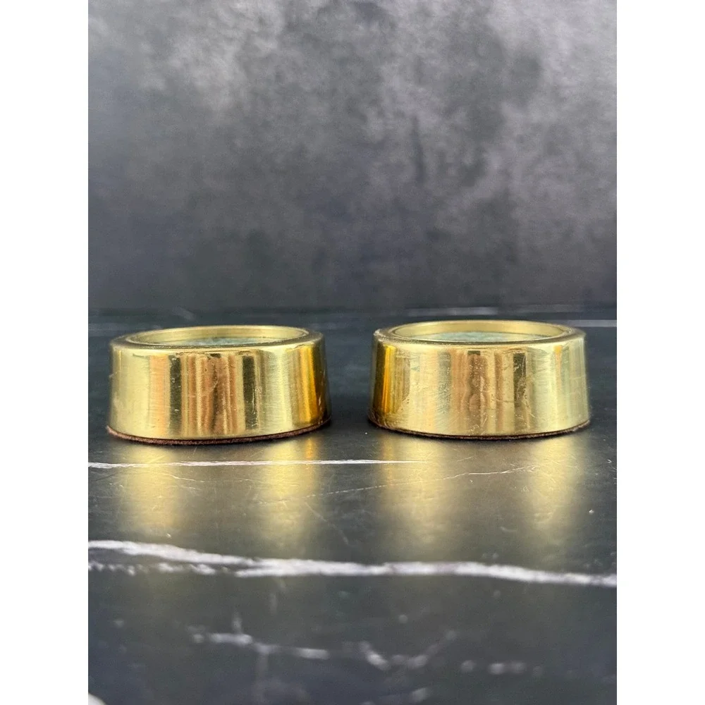 VTG PAIR (2) Round Brass and Green Stone Paperweights 2 1/2